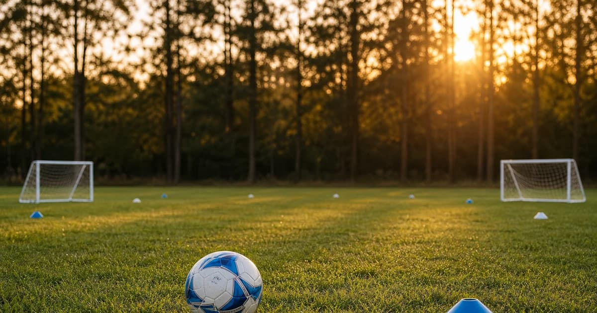 An empty 4v4 youth soccer field at golden hour with two small portable goals, cones, and a size 3 ball illustrating 4v4 soccer formations setup.
