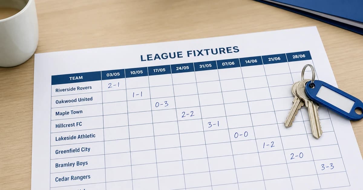 A printed league fixture grid listing eight club names down the side and match dates across the top, with scores such as 2-1 and 0-0 filled in by hand in blue pen, and a set of field keys resting on the page.