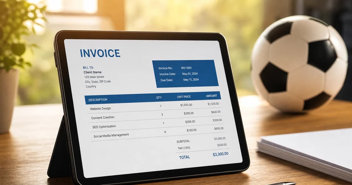 A tablet showing a tidy invoice on a wooden desk beside a pen and a soccer ball softly out of focus, warm light, no people present.