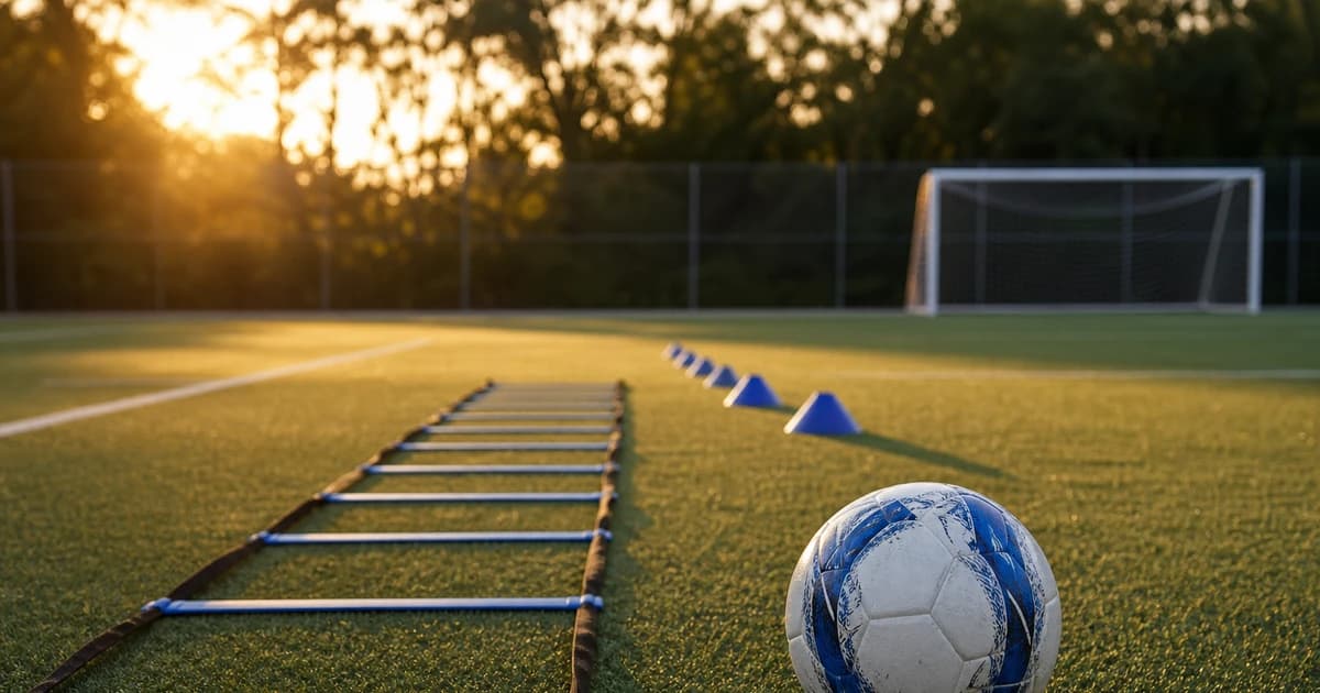 An agility ladder, training cones, and a soccer ball on a youth field at golden hour set up for a warm-up, with a goal blurred behind.