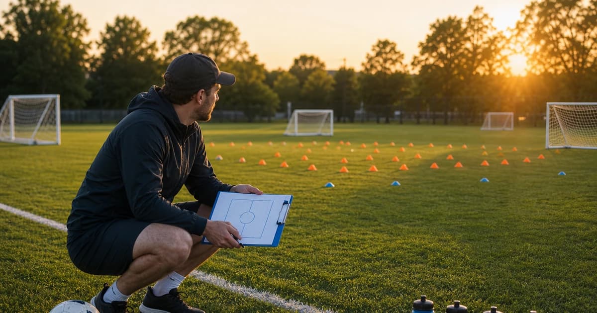 An adult soccer coach kneels on a grass practice field at golden hour, reviewing a clipboard next to a size-4 ball with orange training cones arranged in a grid in the background.
