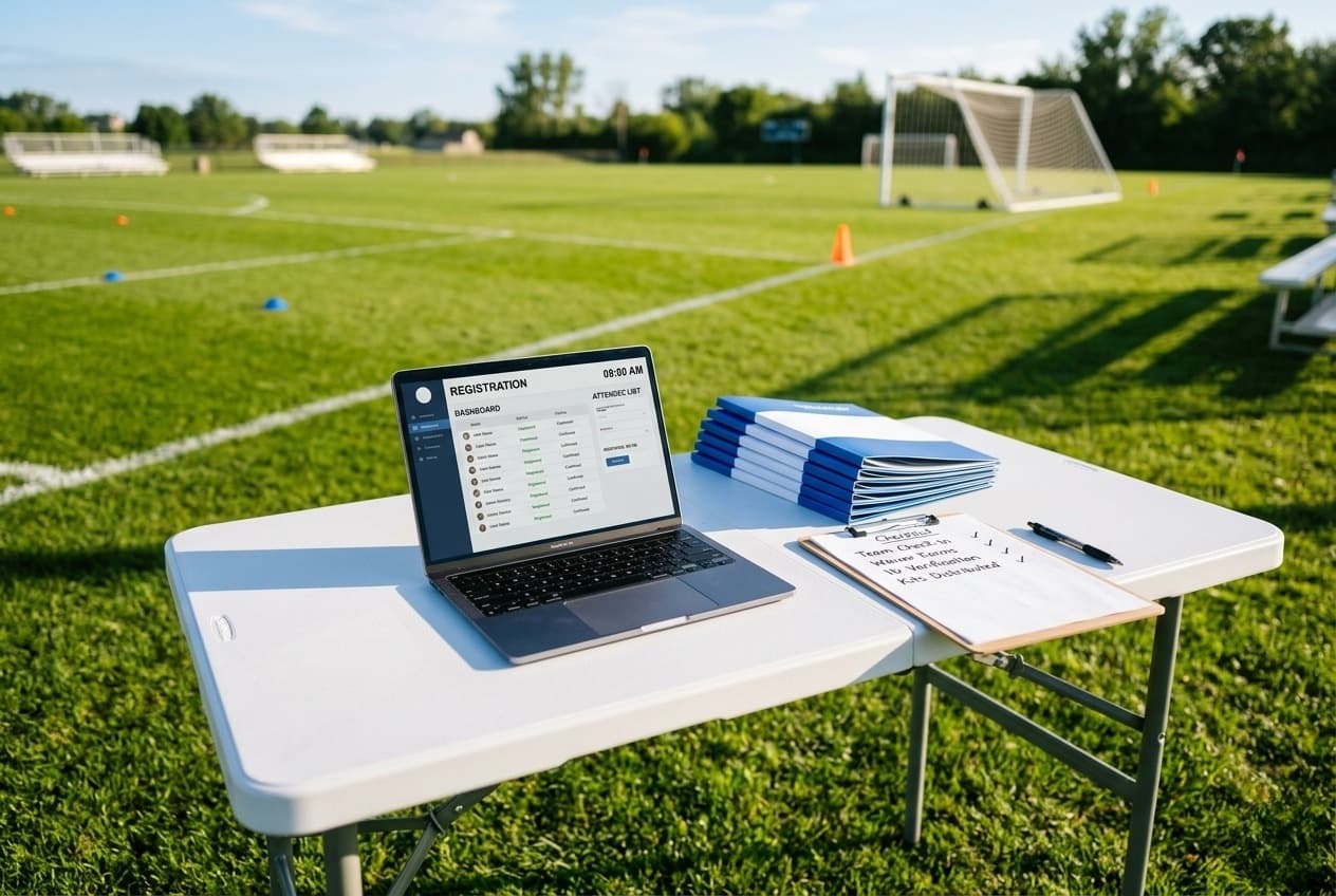 A registration setup on a soccer field sideline with a laptop, folders, and a checklist ready for new player signups