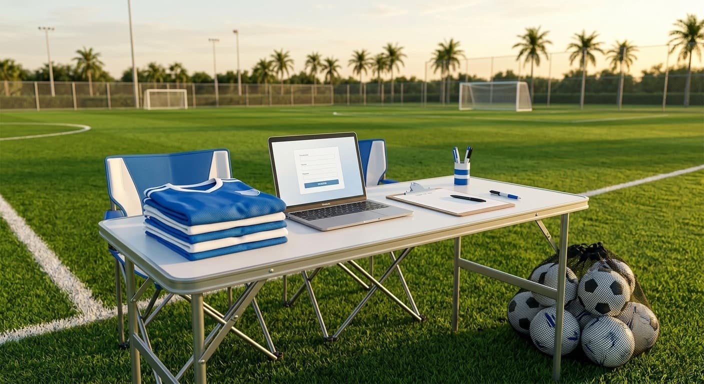 A registration table on a soccer field sideline with stacked jerseys, a laptop, and a clipboard at golden hour