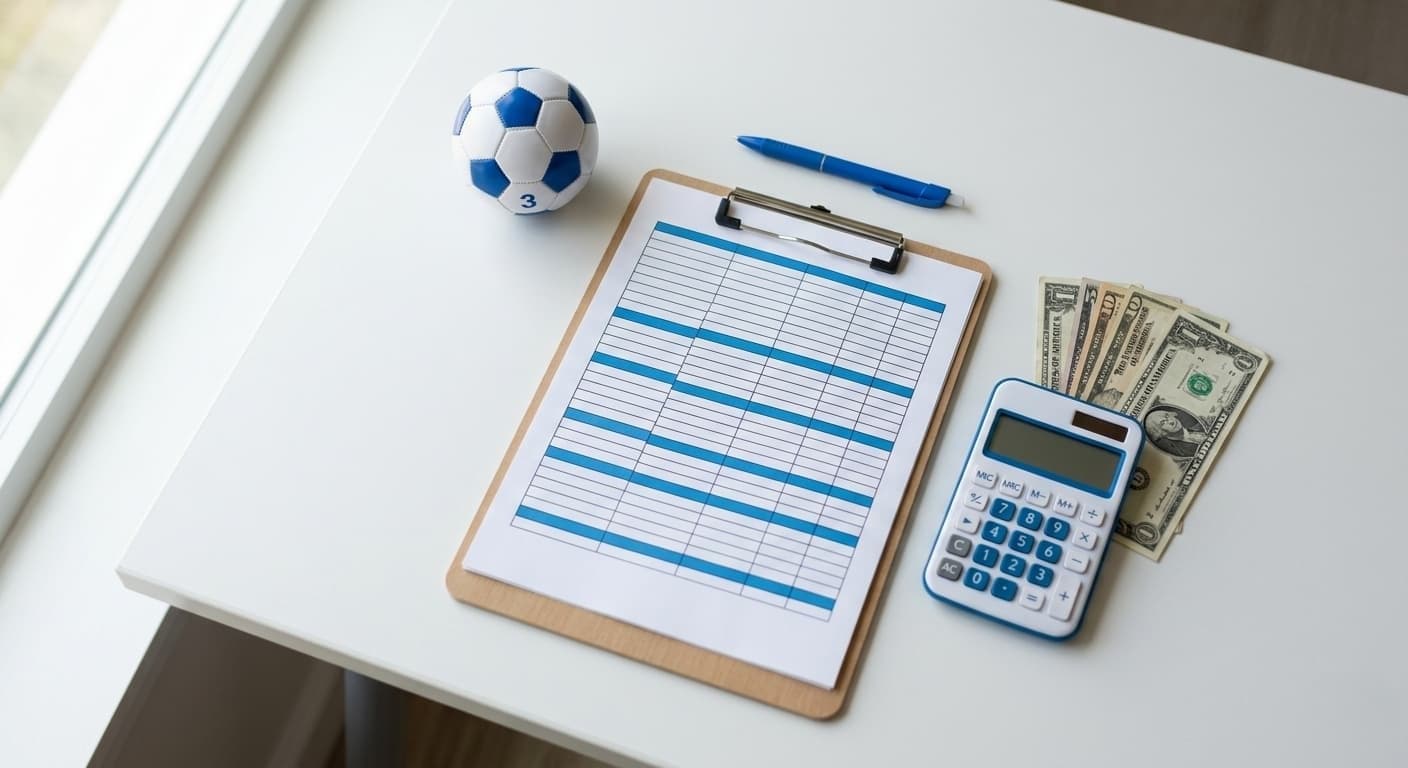 Youth soccer club budget template spreadsheet on a desk next to a soccer ball, calculator, and pen