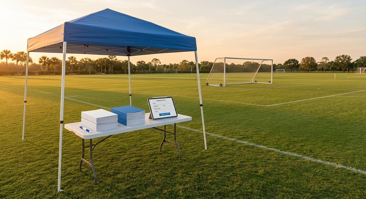 Mesa de inscripción de fútbol juvenil con folletos bilingües en inglés y español en un campo vacío durante la hora dorada