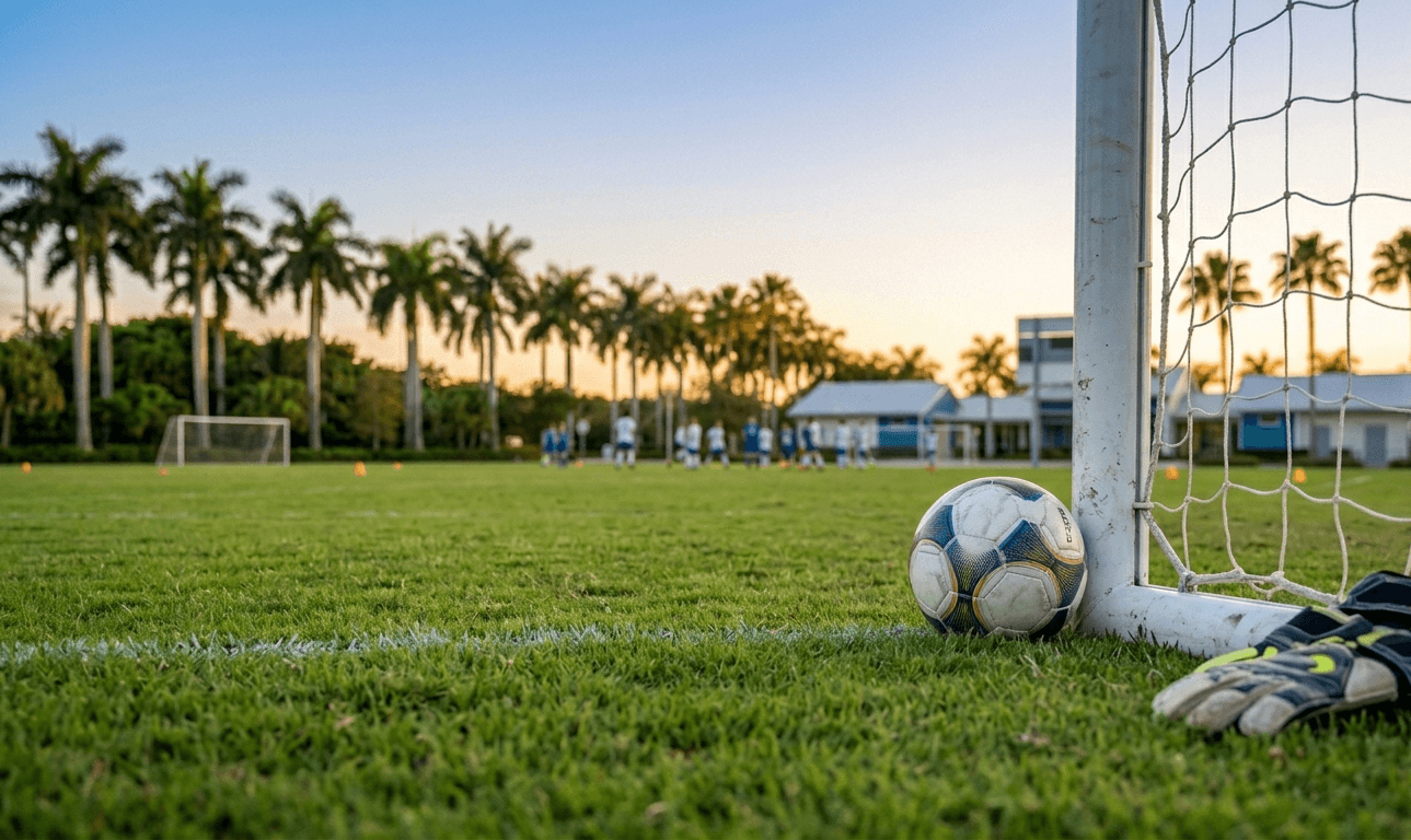 Empty youth soccer field in Miami at golden hour with palm trees, soccer cones, and a bag of balls beside the goal