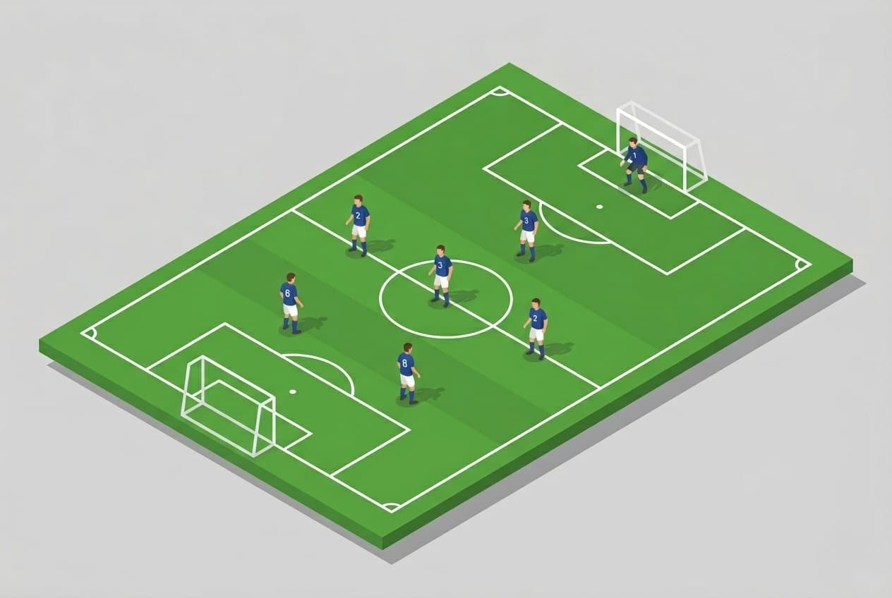 Isometric illustration of a 7v7 soccer formation with players positioned in a 2-3-1 shape on a small-sided field