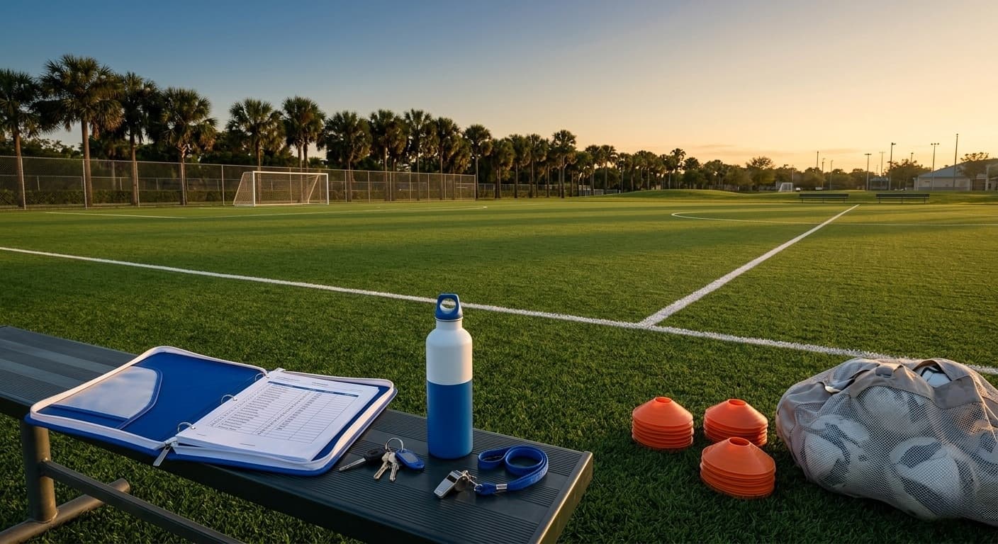 Empty youth soccer field at golden hour with coaching binder, cones, and soccer balls on a sideline bench at a municipal park