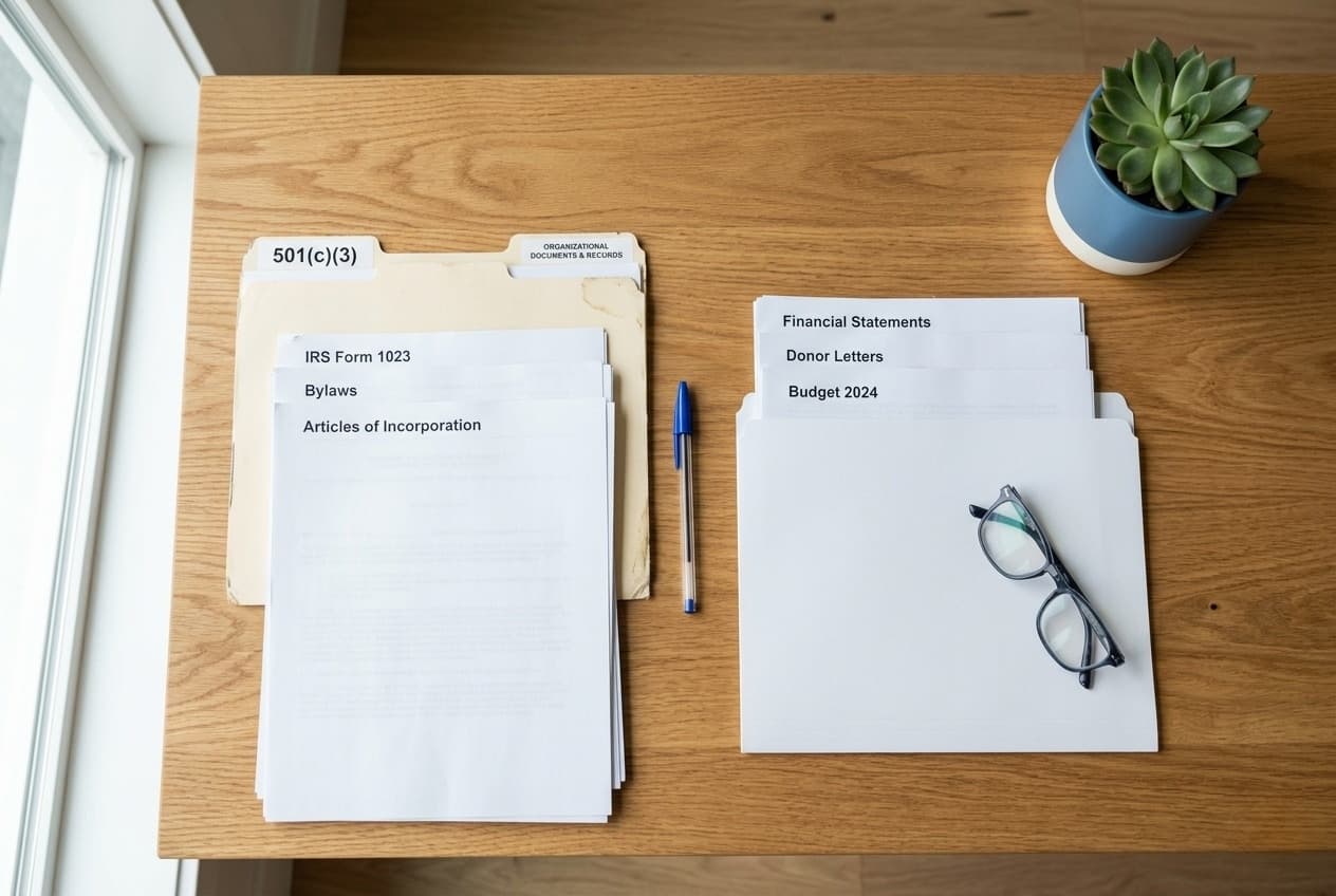 Overhead view of a desk with nonprofit and LLC filing documents, a blue pen, reading glasses, and a small plant