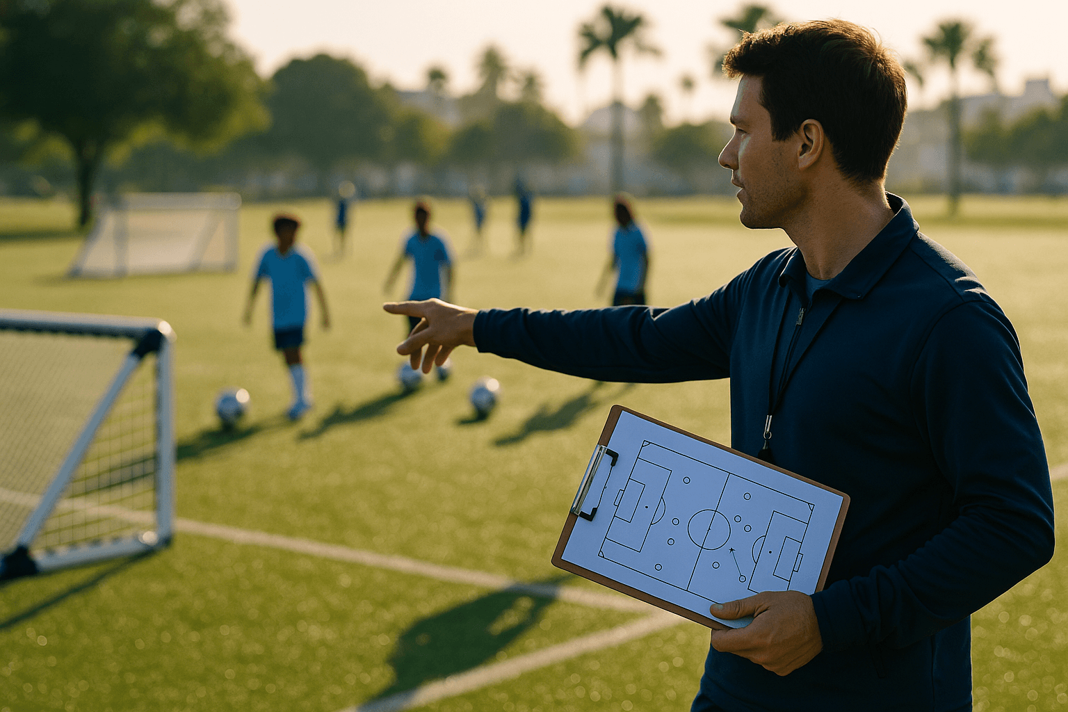 A youth soccer coach holding a clipboard gestures toward players practicing drills on a sunlit field during golden hour.