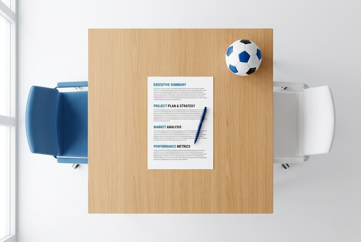 Youth soccer club bylaws document on a conference table with a pen and soccer ball