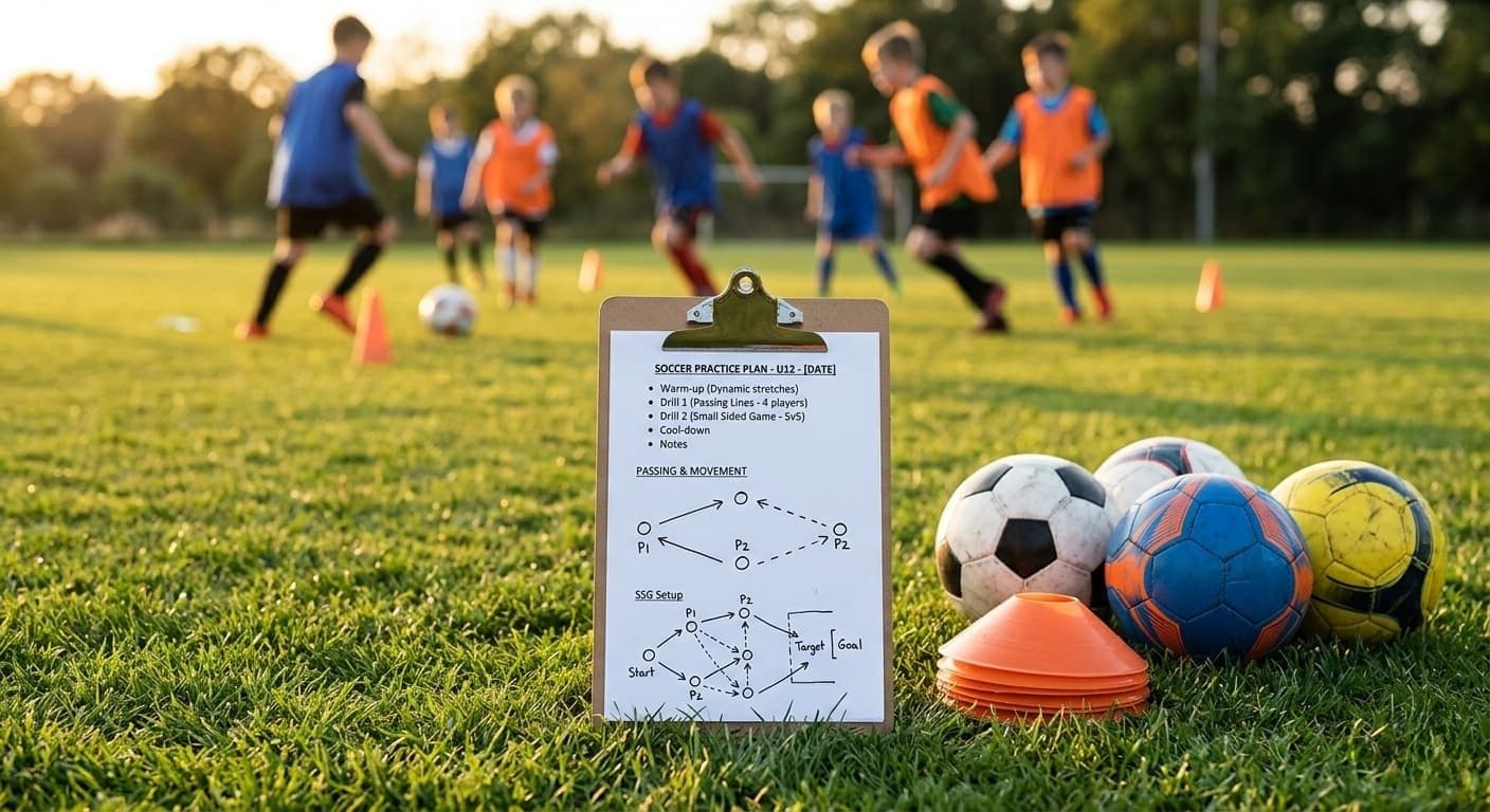Youth soccer practice plan template on a coach's clipboard next to cones and soccer balls on a green field with players training in the background