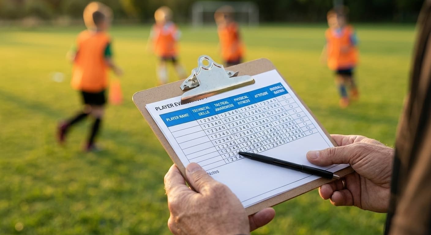 Youth soccer coach holding a form with a player evaluation form while players in numbered pinnies run drills on a grass field at sunset