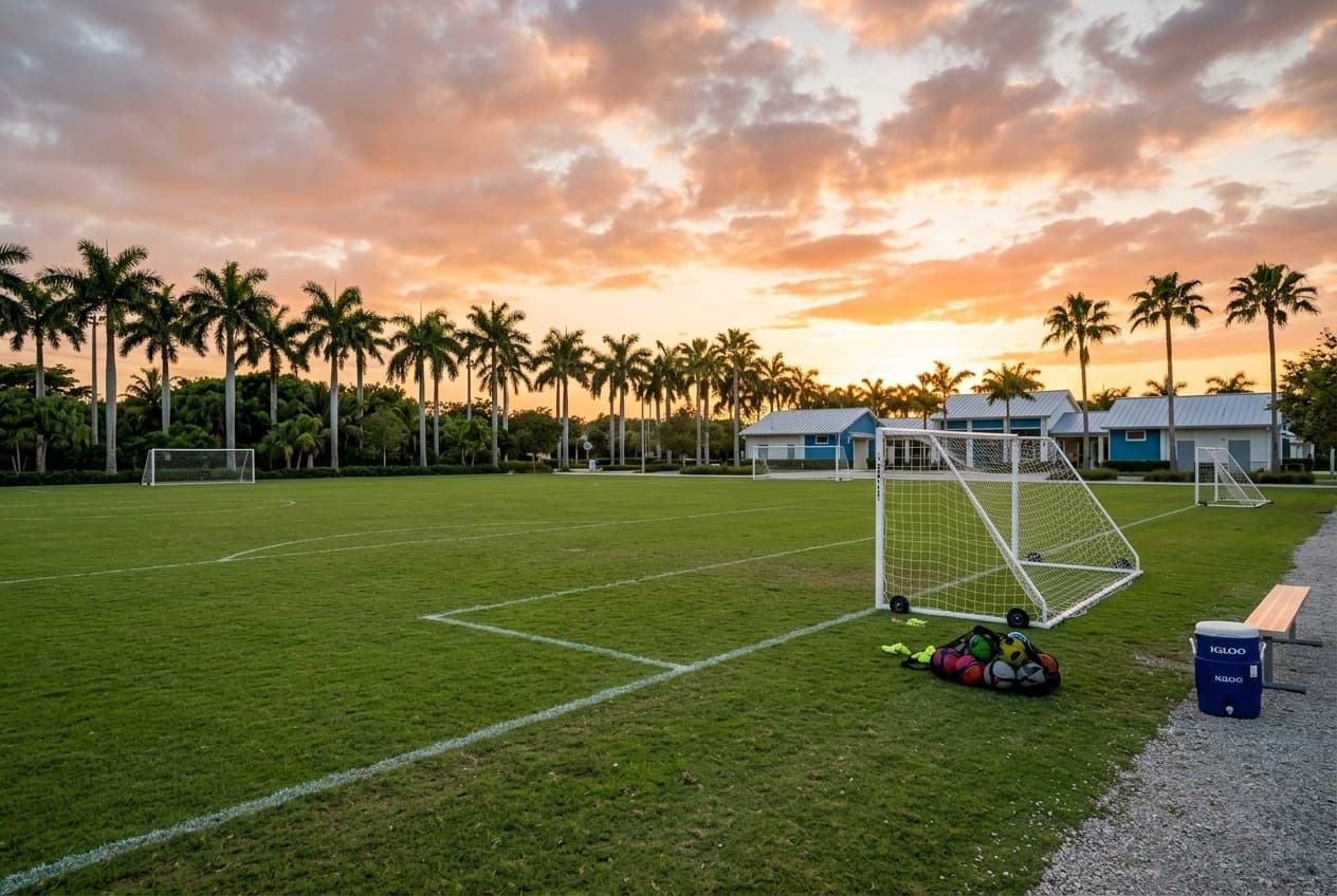 A youth soccer field at sunset in a South Florida park with palm trees, portable goals, and soccer equipment on the sideline