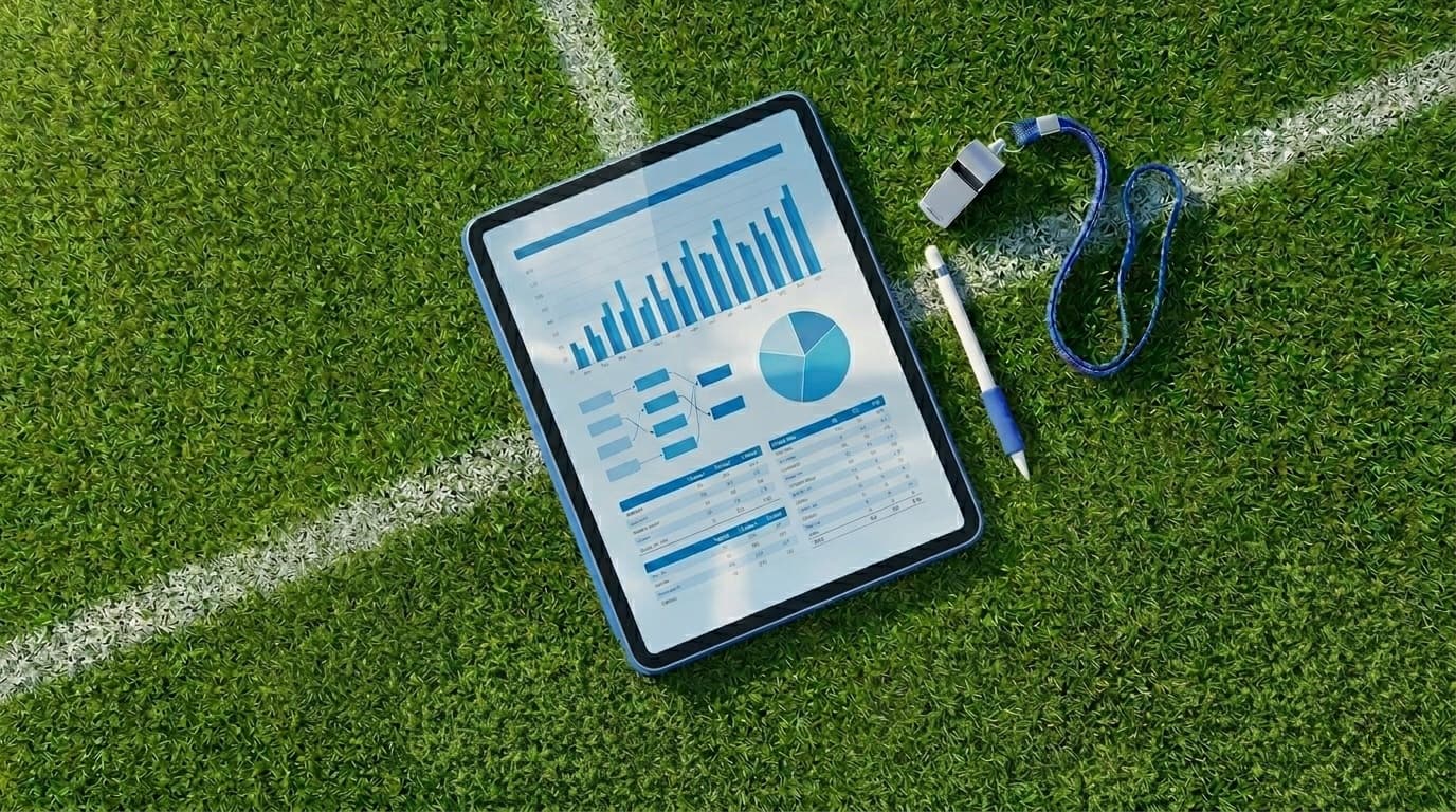Soccer coaching clipboard with statistics sheet, whistle, and soccer balls on a green turf field
