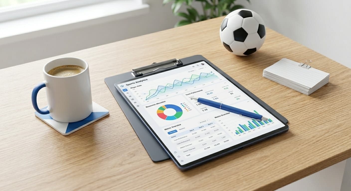 Overhead view of a youth soccer club business plan document on a clean desk with a soccer ball, pen, and coffee mug