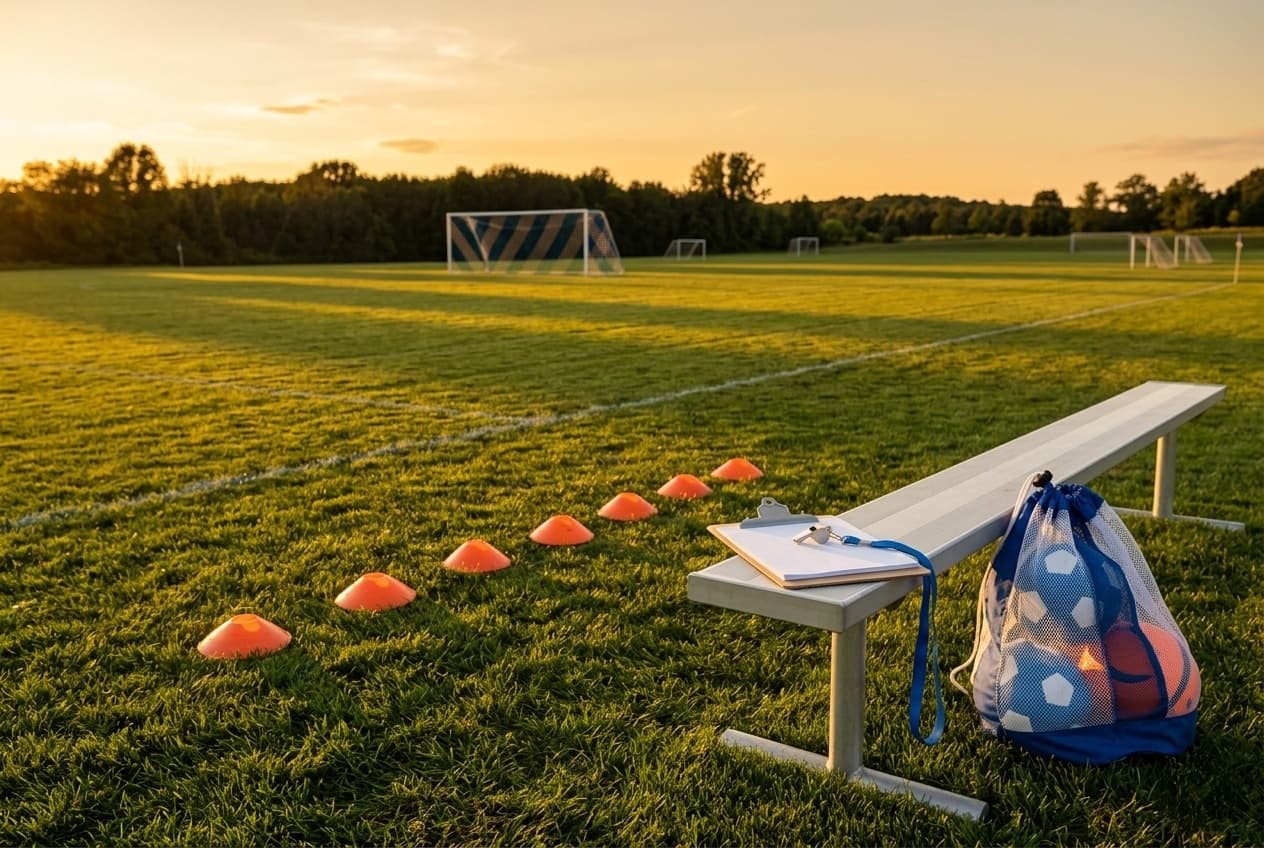Soccer coaching clipboard, whistle, and orange cones on a youth practice field at golden hour