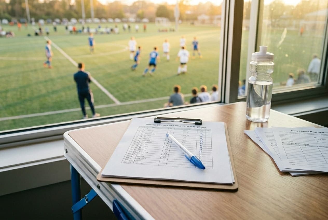 Youth soccer team roster template on clipboard at a soccer field with practice happening in background