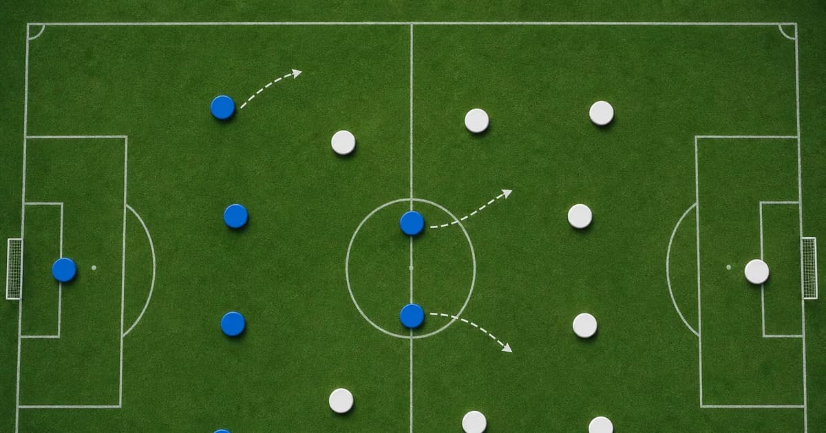 A top-down tactics-board view of a 4-3-3 soccer formation with blue and white position markers and movement arrows on a green pitch.