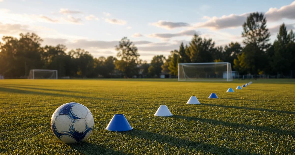 A soccer ball and a line of cones marking positions on a wide 9v9 youth soccer field at golden hour, goals blurred at each end, no people.