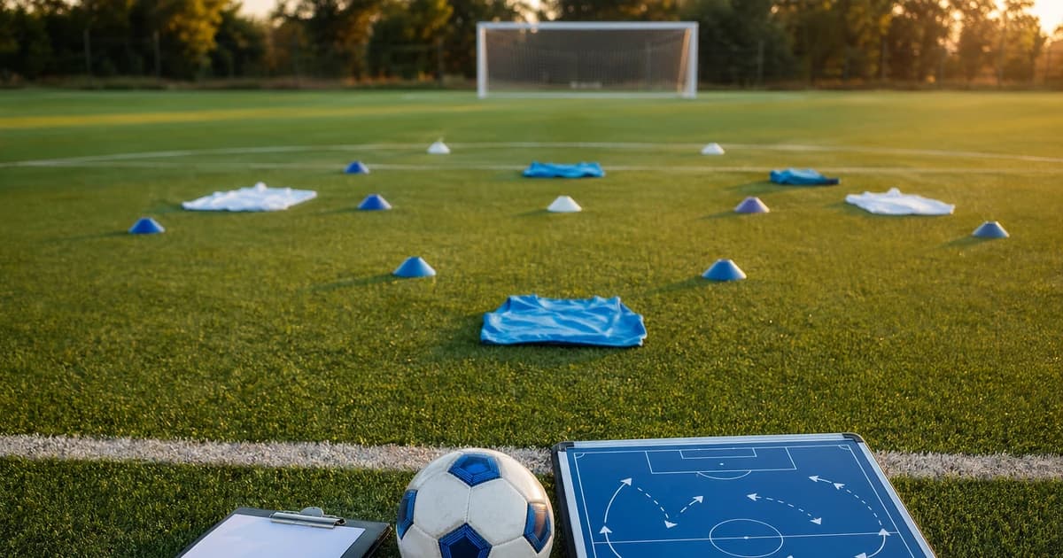 Overhead view of a youth soccer field with cones arranged in a 3-2-3 formation next to a coach's clipboard and tactical board.