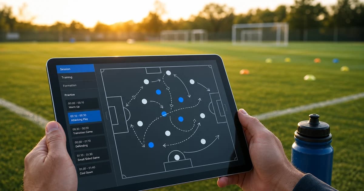A coach's hands holding a tablet showing an AI youth soccer coaching session plan on the sideline of a soccer field at golden hour.