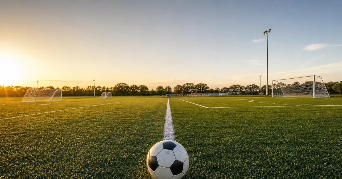 Two empty youth soccer fields side by side at golden hour, a recreational pitch and a full competitive pitch, with a ball on the center line.