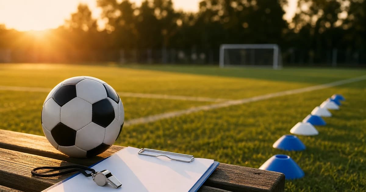 A clipboard, whistle, and soccer ball on a wooden sideline bench beside blue and white cones at golden hour, with an empty field behind.