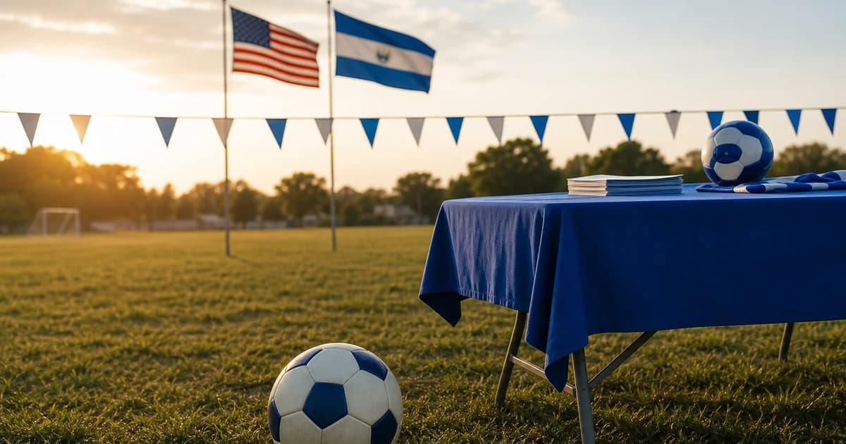 A US flag and a Latin-American-style pennant on a sideline rope beside a soccer ball and a registration table on a community field at golden hour, no people.