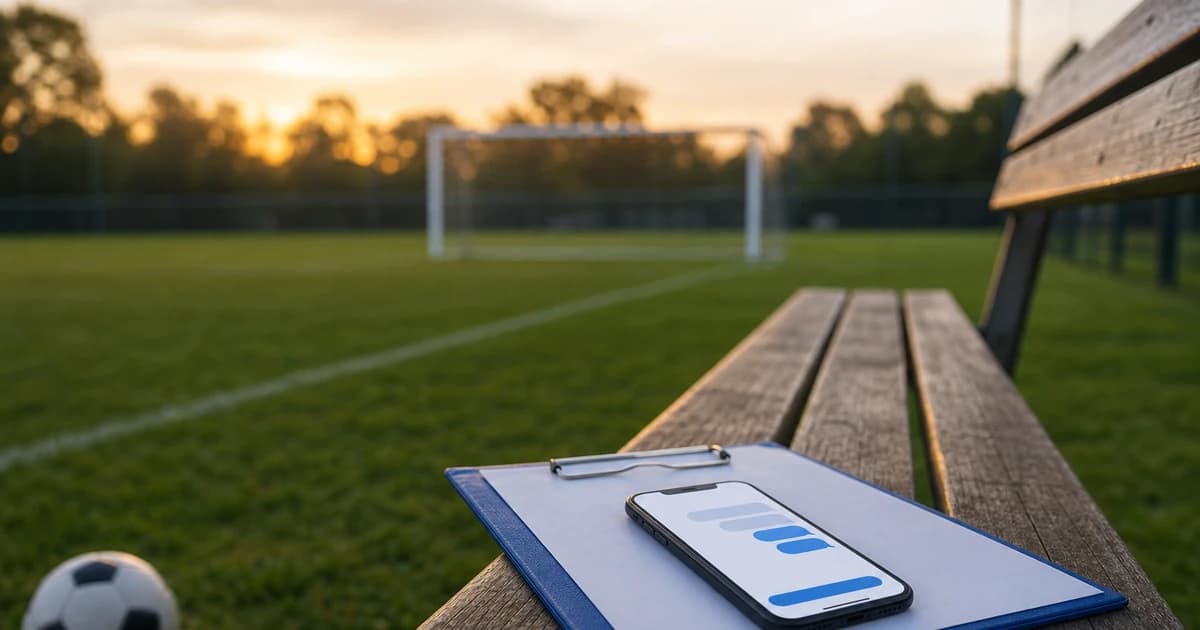 A coach's phone and clipboard resting on an empty bench at dusk on a soccer field, showing a messaging interface, with a soccer ball nearby.