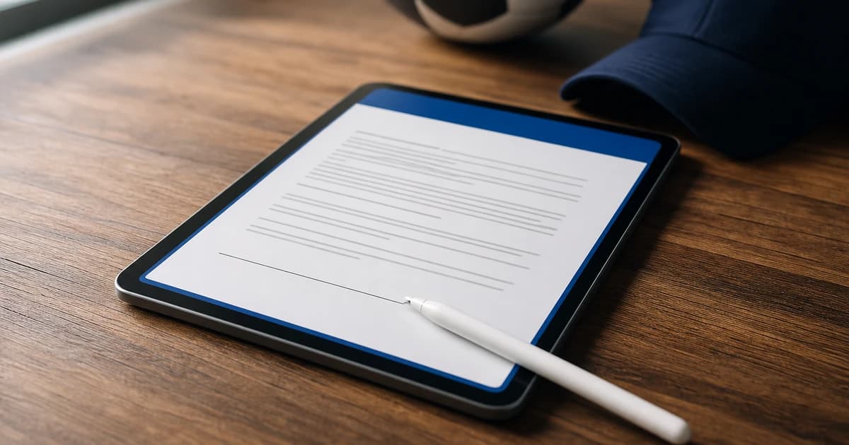 A tablet displaying a digital waiver document with a stylus on a wooden table, a soccer ball and coach's cap blurred in the background.
