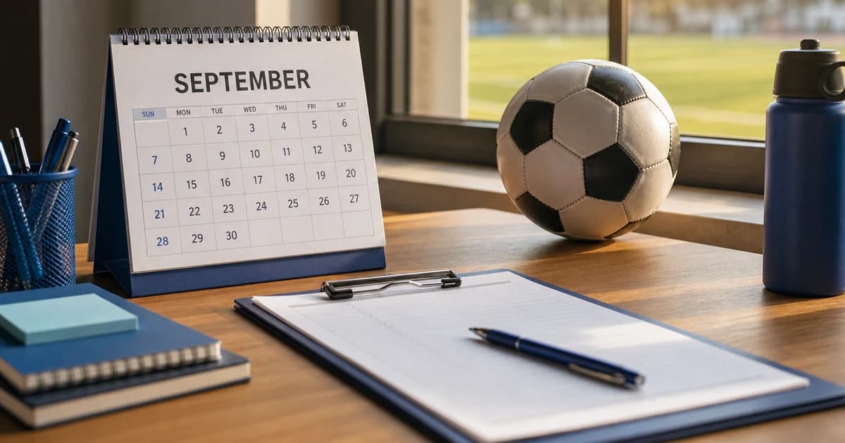 A wall calendar open to a fall month sits beside a soccer ball on a sunlit windowsill, with a pen and clipboard resting on a wooden desk in the foreground.