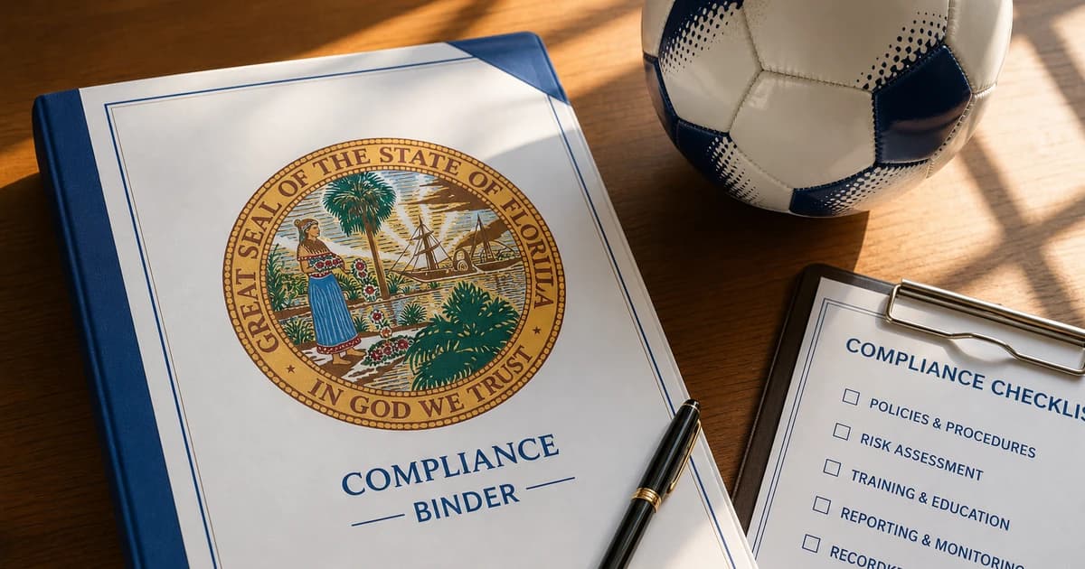 A wooden desk overhead with a Florida state seal compliance binder, soccer ball, clipboard, and fountain pen illustrating the Florida youth coach background check 2026 requirement.