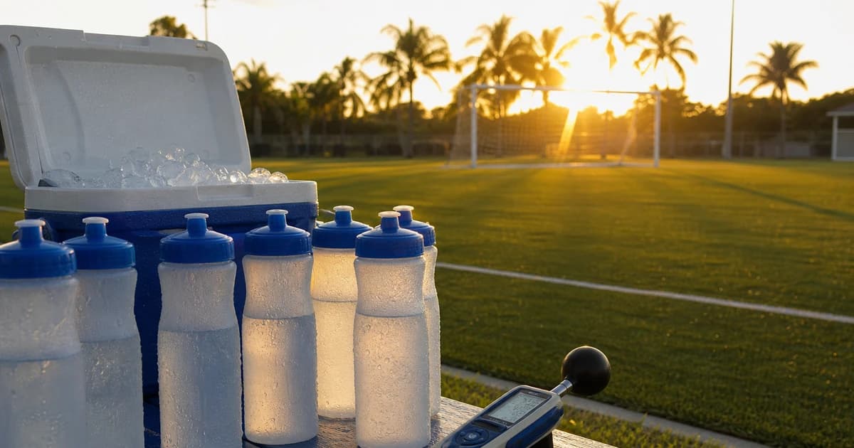 Water bottles, an ice cooler, and a WBGT meter on a sideline bench at an empty South Florida soccer field illustrating a youth soccer heat protocol setup.