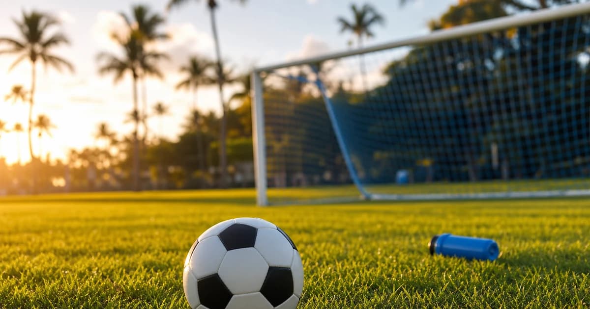 A soccer ball resting on green grass at a Miami park at golden hour with palm trees and an empty goal in the background.