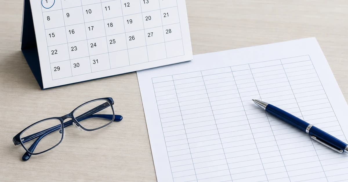 A desk calendar with the first of the month circled in blue ink, next to a blank ruled form and a pen, lit by flat indoor daylight.