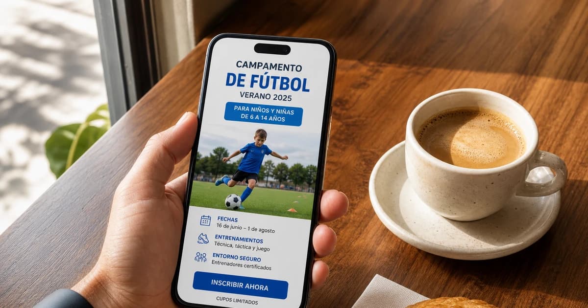 A parent's hand holding a phone with a Spanish-language soccer camp registration page on a Miami café table with cortadito and pastelito.