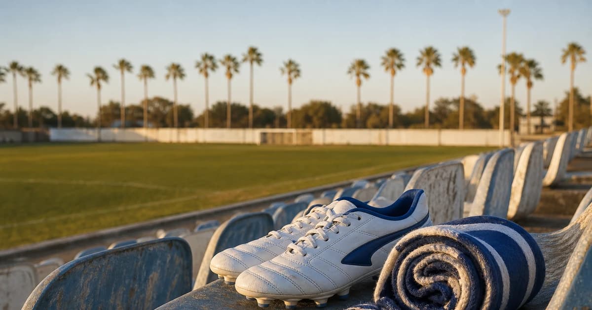Soccer cleats and a team scarf on blue-and-white stadium seats at golden hour with an empty Miami soccer pitch and palm trees in the background.
