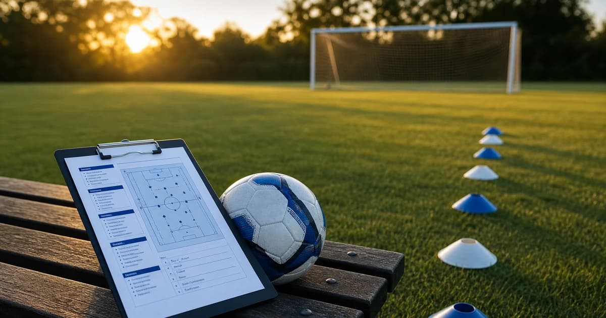 A coach's clipboard with a session plan on a bench beside a soccer ball and training cones at golden hour, empty field behind, no people.