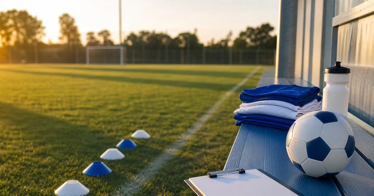 A clipboard, folded pinnies, water bottle, and soccer ball on a team bench beside cones at golden hour on an empty field, no people present.