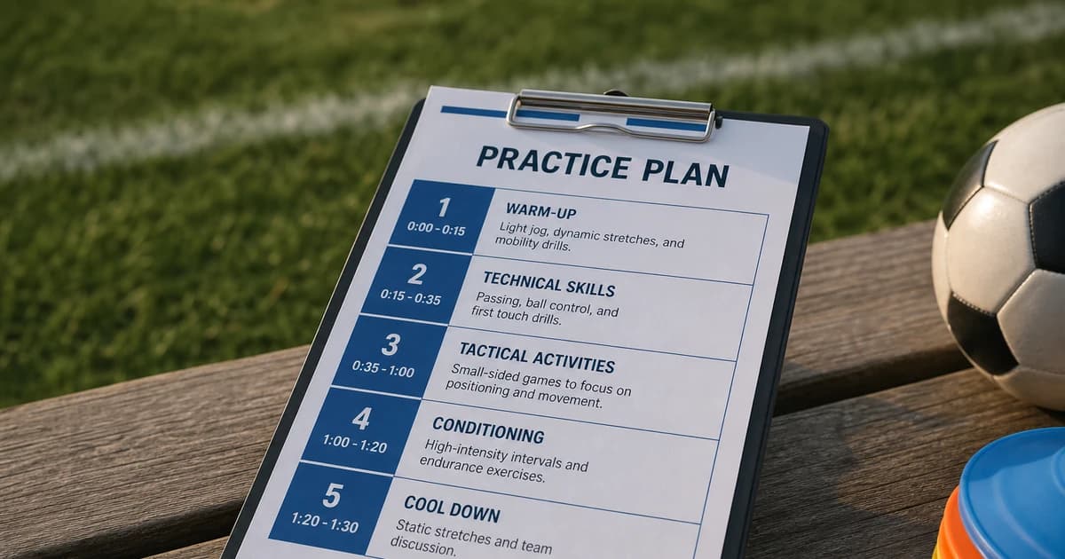 A coach's clipboard with a printed 1-hour youth soccer practice plan resting on a wooden bench at the edge of a green soccer field next to a ball and cones.