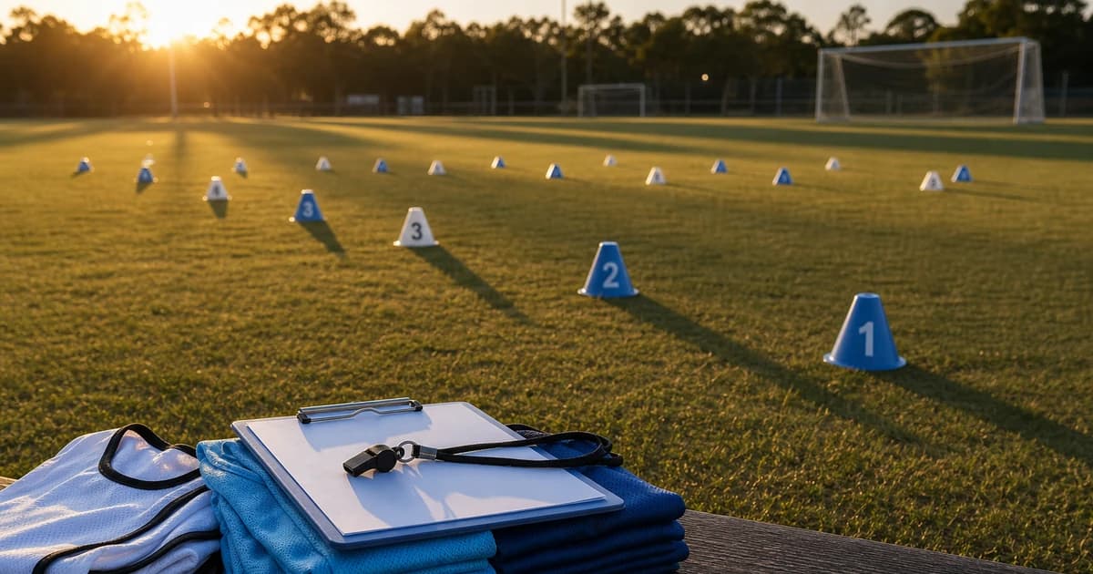 Empty youth soccer field at golden hour prepared for tryouts with numbered cones, folded pinnies, a clipboard, and a whistle on a bench.
