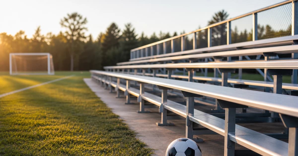 Empty metal sideline bleachers beside a quiet youth soccer field at golden hour with a single soccer ball at the foot of the stands.