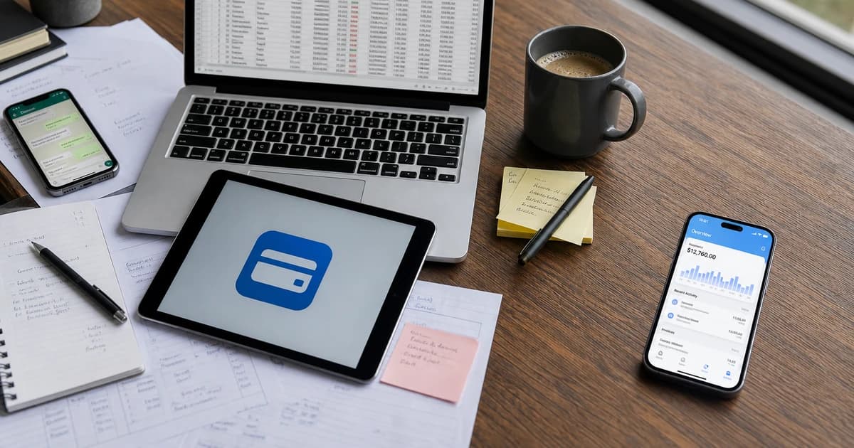 A messaging app, a spreadsheet, and a payment app cluttering a desk fading into a single clean club dashboard, illustrating one app replacing three.