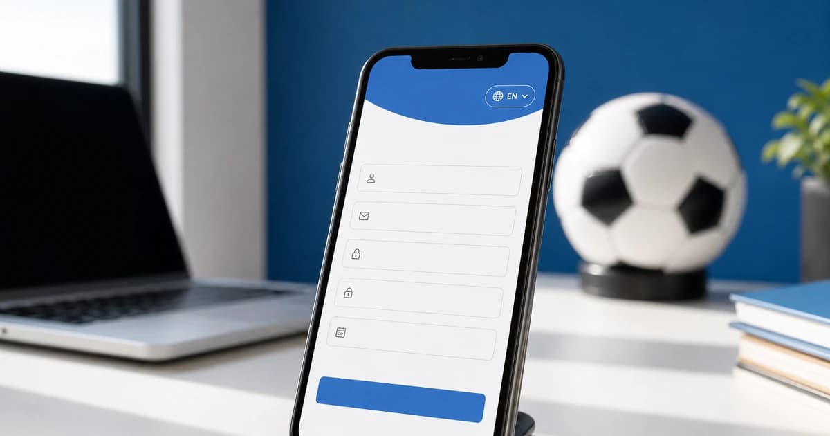 A smartphone on a desk displaying a blank online registration form with a language toggle, a laptop and soccer ball blurred in the background.