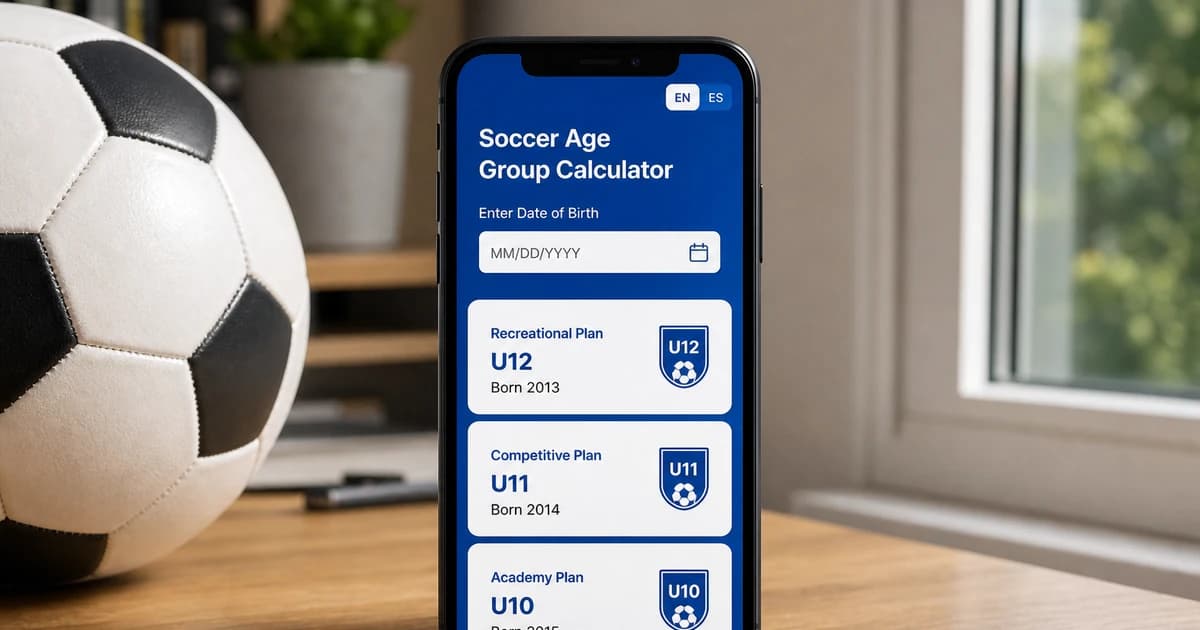 A smartphone screen showing a generic soccer age group calculator with a language toggle next to a soccer ball on a wooden desk.
