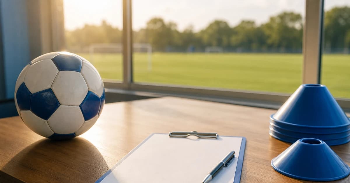 A clipboard, pen, soccer ball, and training cones on a wooden meeting table at golden hour with a field blurred through a window, no people.