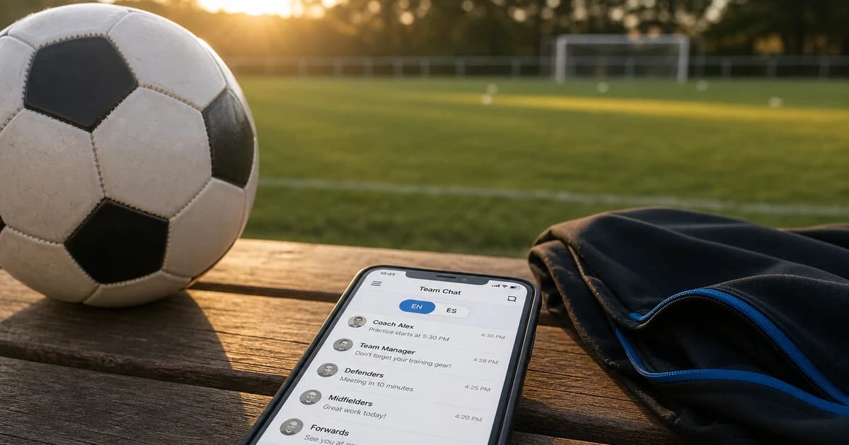 A coach's phone on a sideline bench at golden hour showing a bilingual club messaging app beside a soccer ball and team jacket.