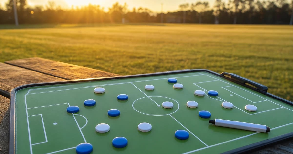 A magnetic soccer tactics board with blue and white player markers and a dry-erase marker on a wooden bench at golden hour, field blurred behind.