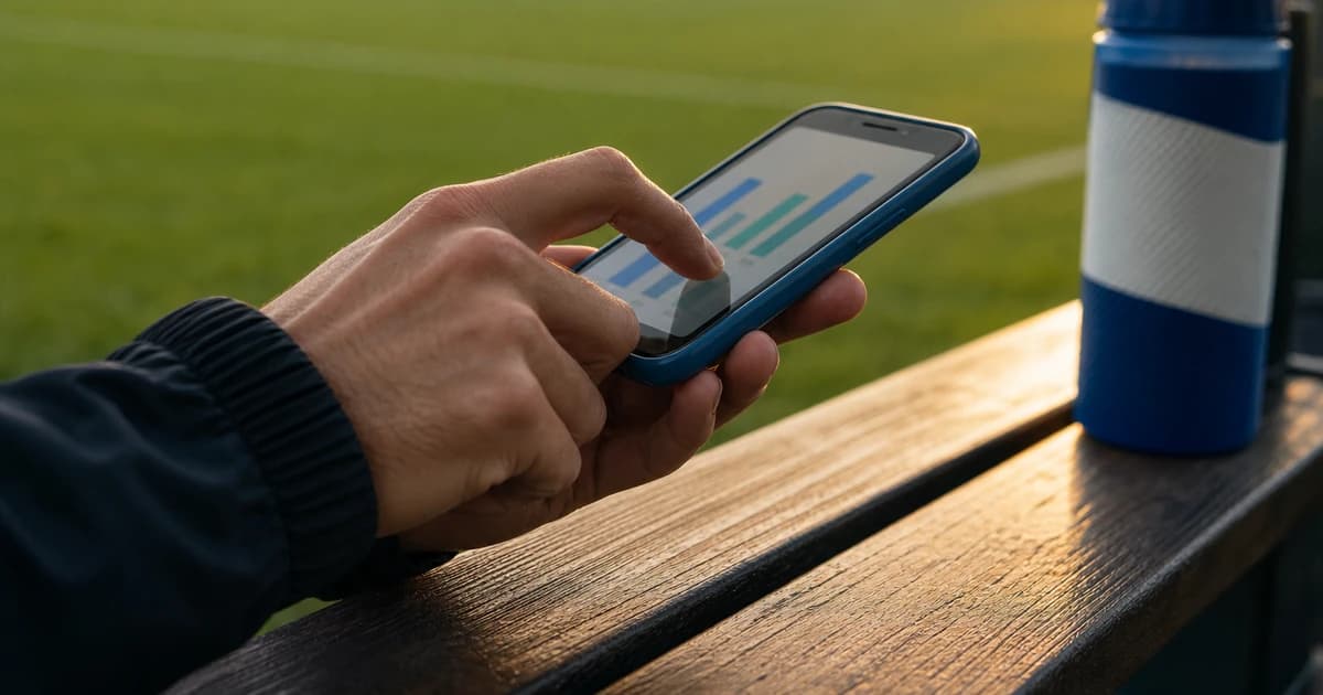 An adult hand holding a smartphone with abstract chart shapes on the screen at the sideline of an empty soccer field illustrating TeamSnap alternatives shopping.